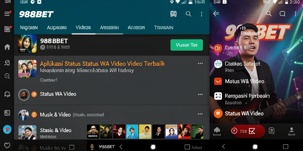 Tampilan aplikasi 988BET dengan berbagai pilihan video status WA.