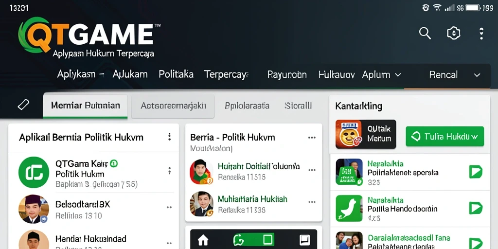 Tampilan antarmuka QTGAME menampilkan berita politik dan hukum terkini.